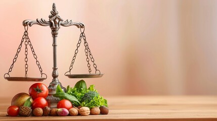 Food Scales of justice balancing a diet of rights and wrongs isolate on soft color background - obrazy, fototapety, plakaty