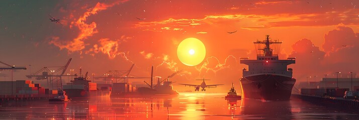 Illustration of large vehicles transporting at sunrise or sunset in warm tone. It conveys peace, warmth and good memories. It may refer to a vehicle that transports goods or raw materials safely. - obrazy, fototapety, plakaty