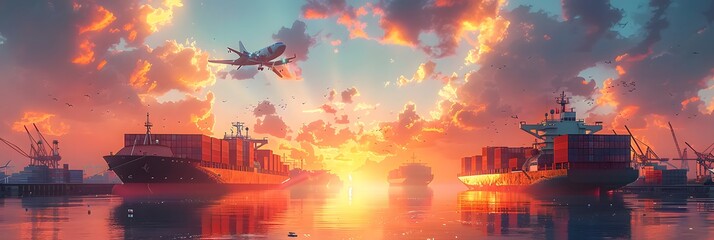 Illustration of large vehicles transporting at sunrise or sunset in warm tone. It conveys peace, warmth and good memories. It may refer to a vehicle that transports goods or raw materials safely. - obrazy, fototapety, plakaty