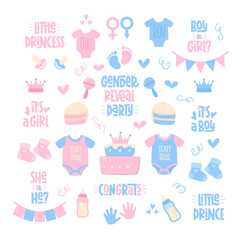 Gender Reveal Party Baby Design Elements Collection. Pink and Blue Cute Bodysuit, Socks, Footprint, Hand Palm, Cake, Bunting, Collection. Boy or Girl, She or He, Little Prince, Little Princess Text.