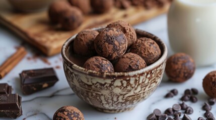 Chocolate balls in a dish by a cup of milk
