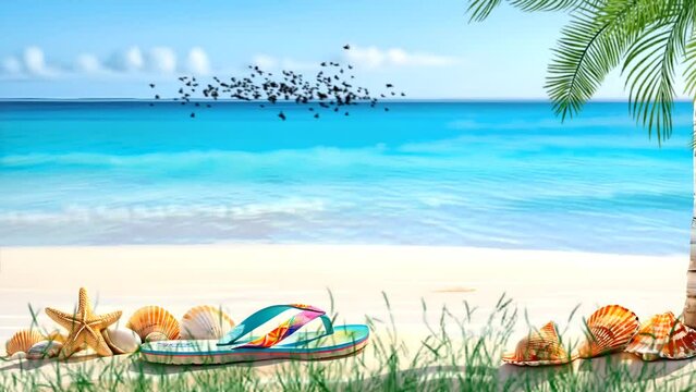 summer background with beach, flip flop with starfish and seashell in the beach