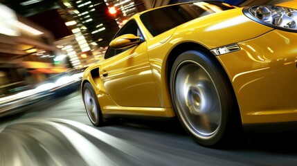 A vibrant yellow sports car speeding along a bustling city street at night, showcasing motion and luxury.