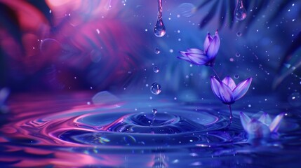 Digital art of purple flowers with falling water droplets, abstract backdrop.