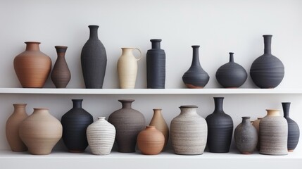 A collection of unique pottery vases in various shapes and neutral colors displayed on two white...