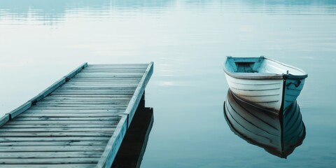 A serene lake reflecting a lone white boat tied to a weathered wooden dock, evoking a sense of calm.