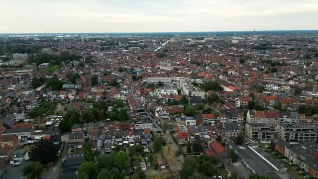 Forward Aerial View of Ghent Cityscape Around Rooigem