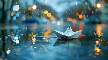 Close shot of a paper boat floating on rain water with waves and space for text or product advertisement, Generative AI. - obrazy, fototapety, plakaty
