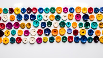 An overhead shot of brightly colored buttons arranged in a dynamic pattern on a plain, white surface, each button showcasing its unique texture and hue.