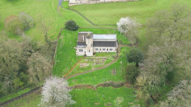 Drone footage of architecture of Rockingham Church in Northamptonshire, England.