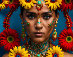 Floral Mystique: An Indian Woman Adorned with Blossoms, Indian Ocean