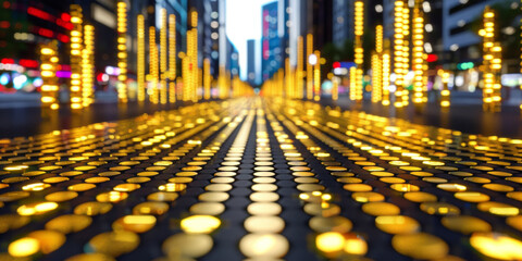 The image is a close up of a city street with a lot of lights and a lot of gold. The street is lined with many lights, and the gold is scattered throughout the scene. Scene is bright and lively - obrazy, fototapety, plakaty