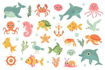 Cute sea animals set. Fish, wild marine animals and funny underwater creatures. Vector cartoon flat illustration.