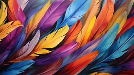 An abstract composition of brightly colored feathers arranged in a dynamic pattern on a plain, neutral-colored background, each feather showcasing its unique texture and hue.