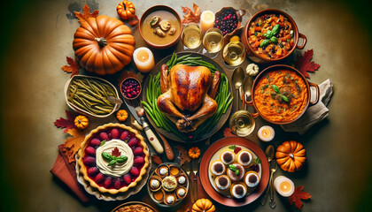 Top-down view of an Italian-themed Thanksgiving dinner, blending American and Italian dishes like roasted turkey, pumpkin risotto, cranberry sauce, green bean casserole, and tiramisu