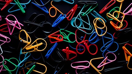 An abstract arrangement of colorful paper clips scattered across a smooth, matte black background, creating a visually striking contrast.