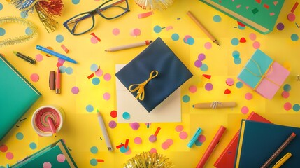 Top view of a academic black cap on clean yellow backdrop with eyeglasses books and confetti with a big space for text or product, Generative AI.