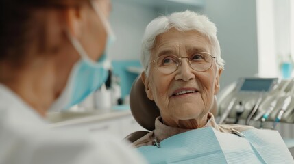 A dentist discussing treatment options with a senior patient. 