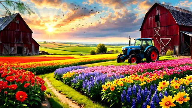 Old barn with tractor in a field at sunset. Seamless looping time-lapse 4k video animation background