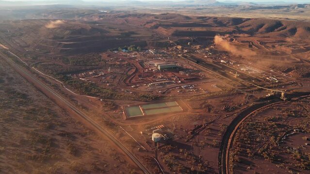 Marandoo iron mine, Pilbara region in Western Australia. Aerial tilt-down forward