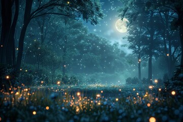 Naklejka premium A serene forest clearing illuminated by glowing fireflies and shimmering moonlight ,close-up,ultra HD,digital photography