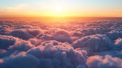 Soar above fluffy clouds at sunset, bathed in the warm glow of a bright blue sky. This realistic scene captures a smooth, calm mood with a deep focus on the breathtaking view.