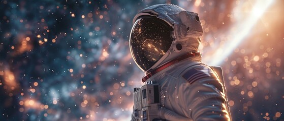 Astronaut gazing out at the vast expanse of the universe from their visorcovered helmet ,3DCG,high resulution,clean sharp focus - obrazy, fototapety, plakaty