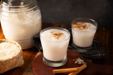 Agua de Horchata. Also known as horchata de arroz, it is one of the traditional fresh waters (aguas frescas) in Mexico, it is made with fresh water, rice and cinnamon. - 781049146