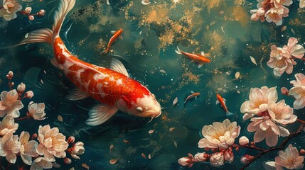 Obraz na płótnie Canvas An ornate koi fish glides gracefully through water, surrounded by floating floral blossoms, in a tranquil and decorative scene. Generative AI
