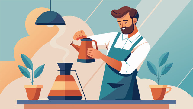 A barista expertly controls the pour of hot water from a gooseneck kettle into the Chemex the graceful movements and precision reminiscent of a