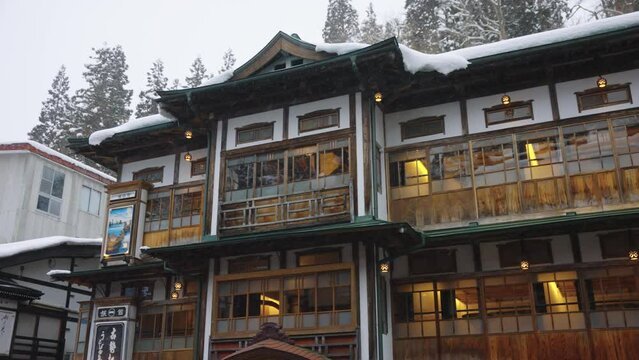 Snow covered scene in Tohoku Japan, Winter view of Ginzan Onsen