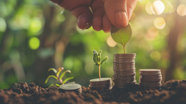 A conceptual image with plants sprouting from coins stacked on fertile soil, representing the concept of investment growth and sustainability