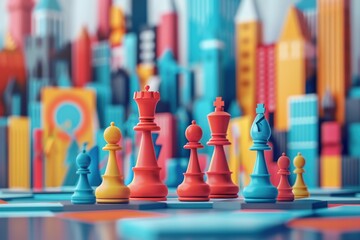 A colorful cityscape with a group of chess pieces on a board - obrazy, fototapety, plakaty
