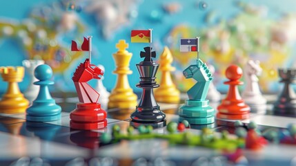 A colorful chess board with a black king and flags on the pieces