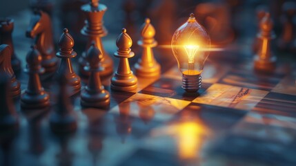 A chess board with a light bulb on it. Concept of creativity and innovation, as the light bulb is not a typical chess piece - obrazy, fototapety, plakaty