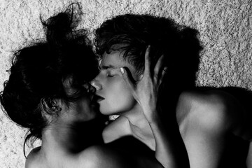 Sensual kiss. Couple in love kissing. Passionate kiss. Romantic moment. Tender lovers. Couple...