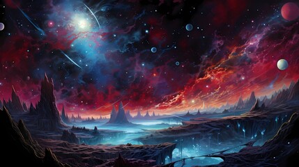 A symphony of ruby and turquoise sweeps across the canvas of the cosmos."