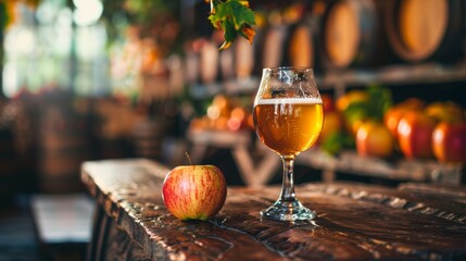 Warm, inviting photo of a glass of apple cider, capturing the fermented drink's connection to the autumn harvest - obrazy, fototapety, plakaty