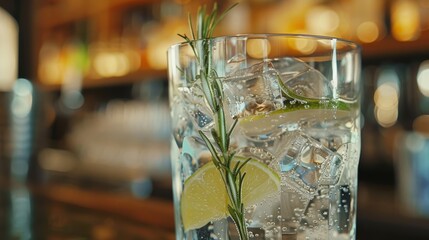 Up close with a Gin and Tonic in a clear glass, ice crystals, lime, and untamed rosemary, in a classic bar setting