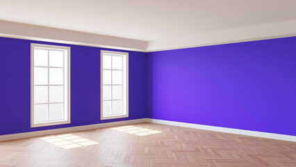 Interior with Violet Walls, Two Windows, White Ceiling and Cornice, Glossy Herringbone Parquet Flooring and a White Plinth. Beautiful Room Concept. 3D Rendering, 8K Ultra HD, 7680x4320, 300 dpi