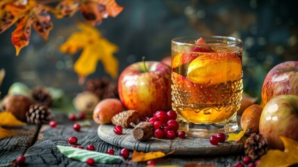 Rustic close-up of a cider cocktail in glass, surrounded by autumn harvest fruits, embodying the essence of fall