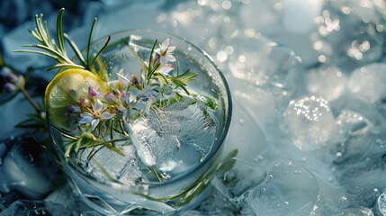 Refreshing gin and tonic, lime zest and rosemary whispering tales of botanical gardens, ice dancing lightly