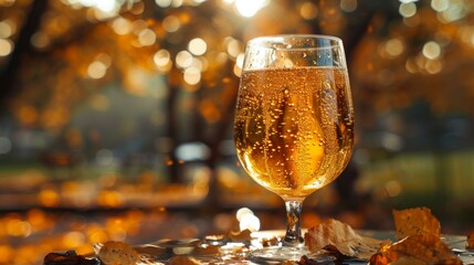 Golden apple cider in a clear, water-speckled glass, a toast to the unkempt beauty of autumn harvest - obrazy, fototapety, plakaty