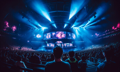Fototapeta na wymiar Thrilling E-Sports Spectacle: Packed Arena, Rapt Audience, Intense Gaming Action
