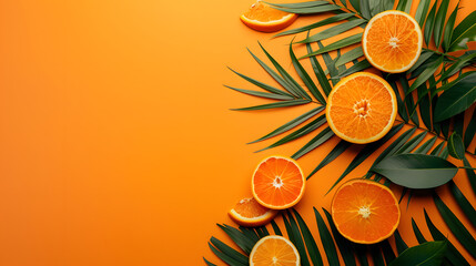 Bright orange background with several green palm leaves and whole oranges scattered around.