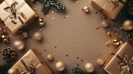 Christmas background with giftbox, tree, and decorations, set against an abstract golden texture 