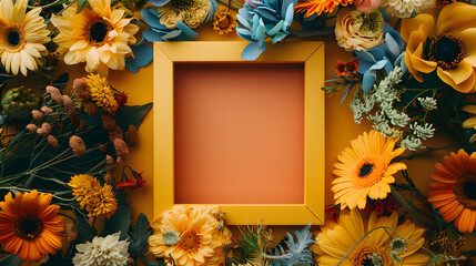 A bright yellow picture frame, surrounded by a cheerful mix of yellow and white flowers, sits on a sunny yellow background.