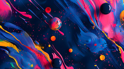 A colorful abstract painting with balls and splashes of paint on a dark background.