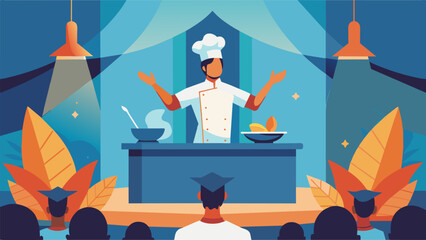 A worldrenowned chef presents a live cooking demonstration on stage captivating the audience with their innovative techniques and delectable