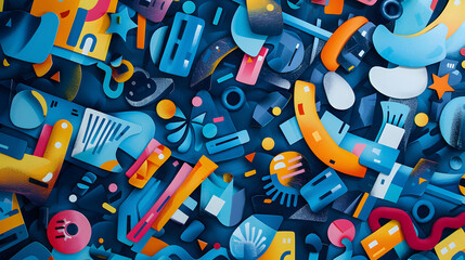 A vibrant collage of colorful shapes and objects on a blue background.